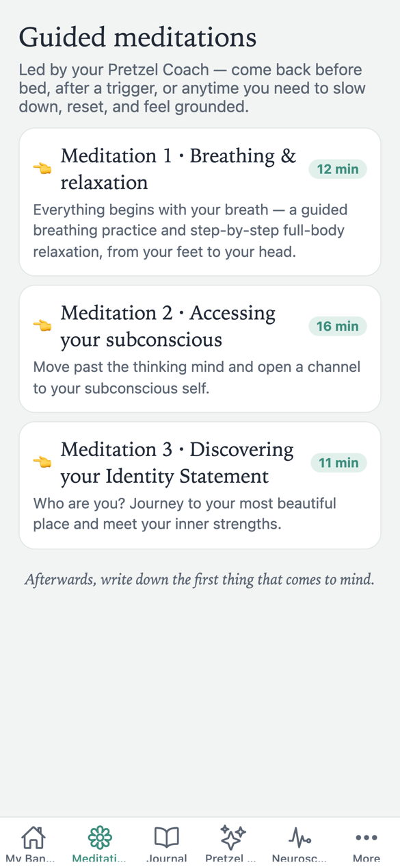 Meditations screen listing three guided meditations led by Yisroel Roll